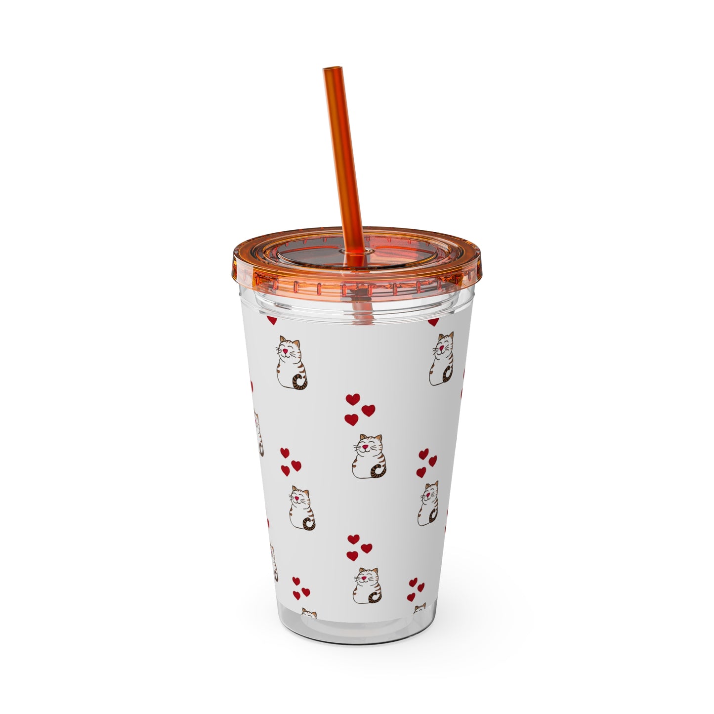 Cat and Hearts Tumbler with Straw, 16oz