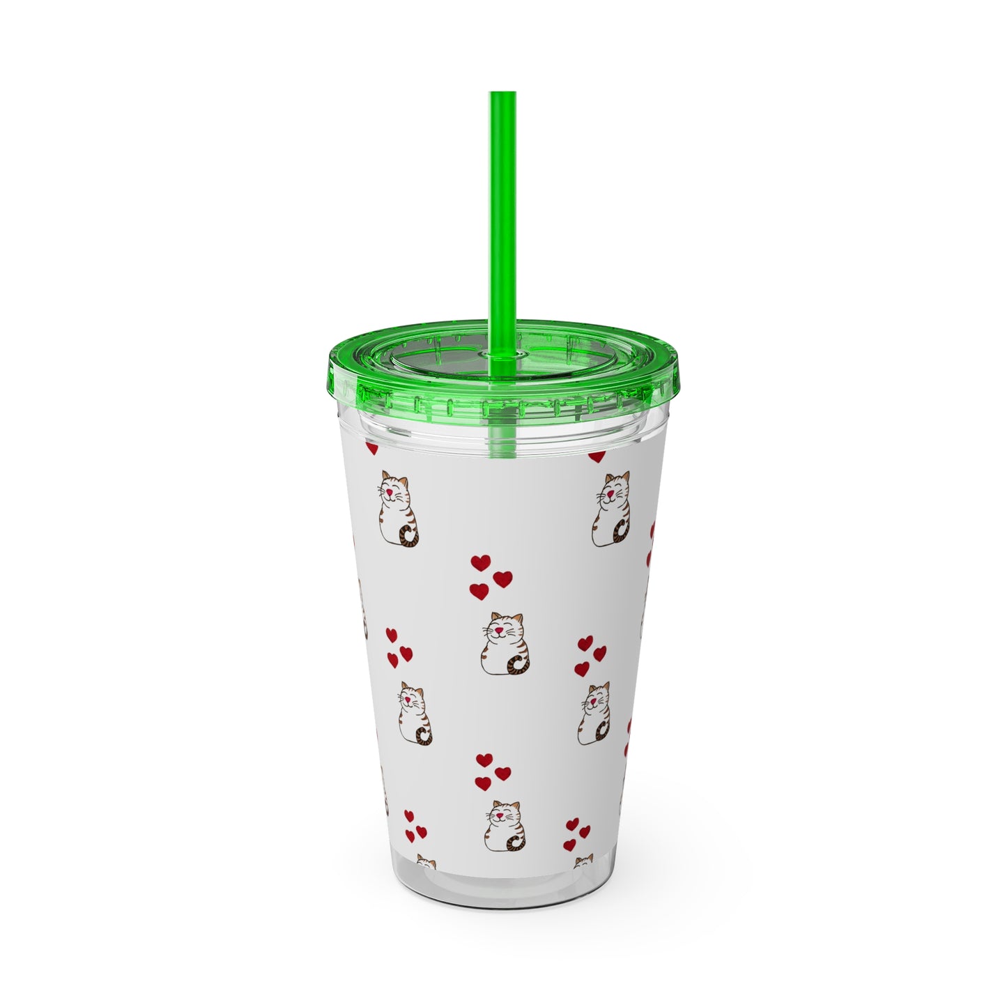 Cat and Hearts Tumbler with Straw, 16oz