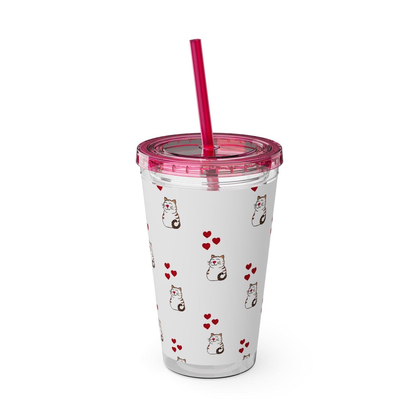 Cat and Hearts Tumbler with Straw, 16oz