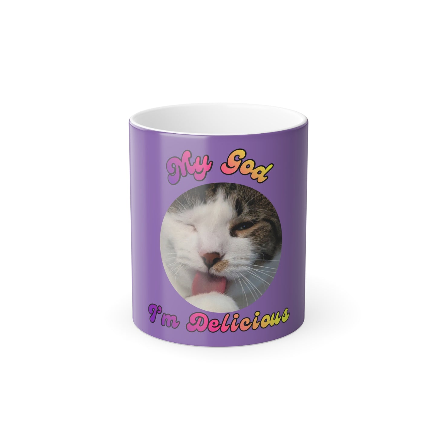 "My God, I'm Delicious" Color Morphing Ceramic Cat Mug, 11oz