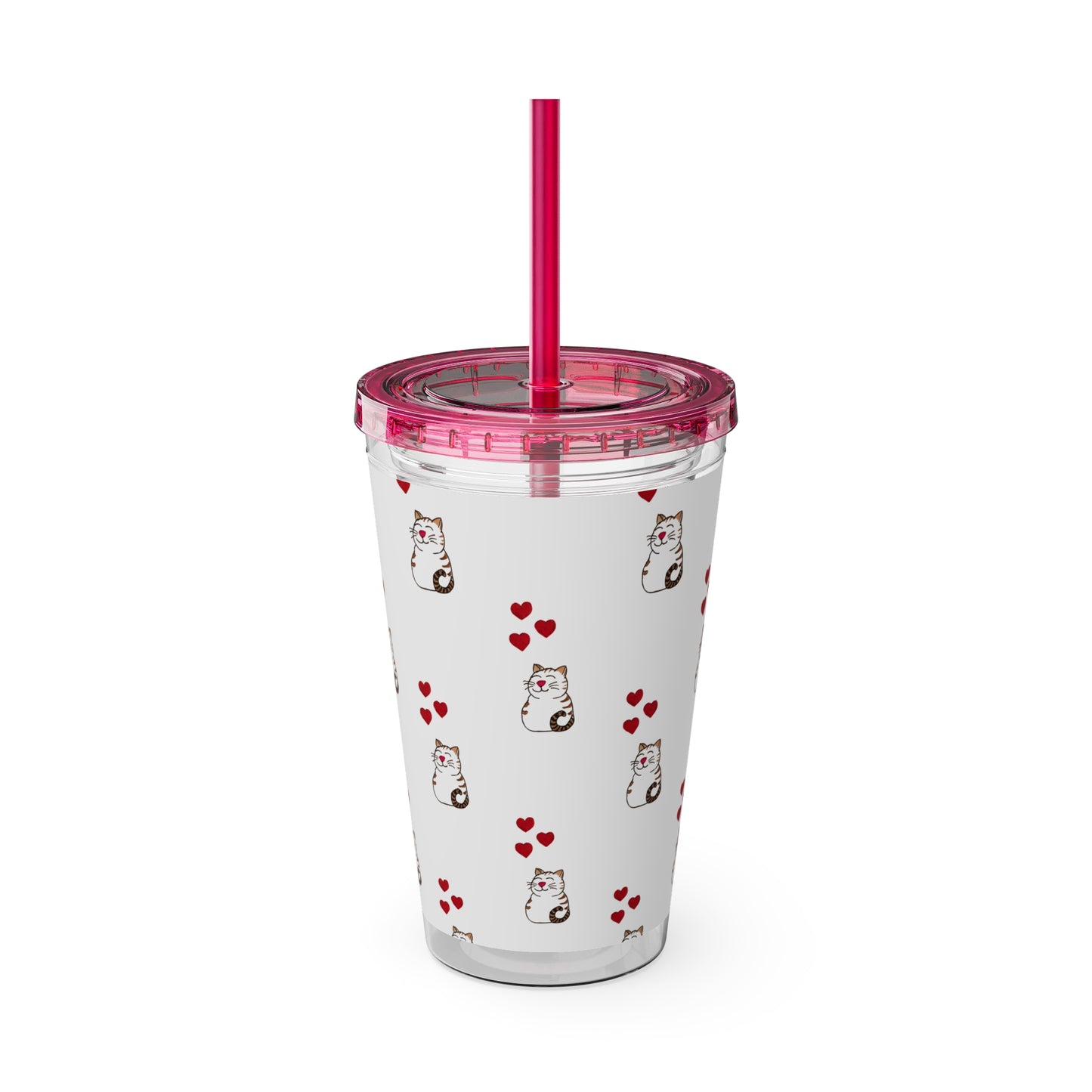 Cat and Hearts Tumbler with Straw, 16oz