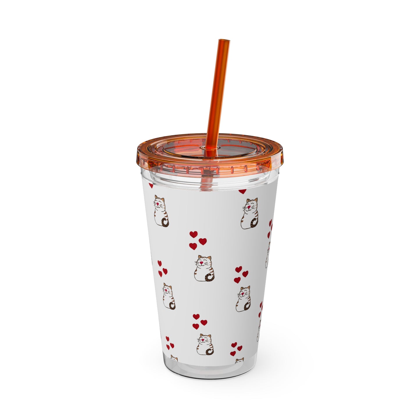 Cat and Hearts Tumbler with Straw, 16oz