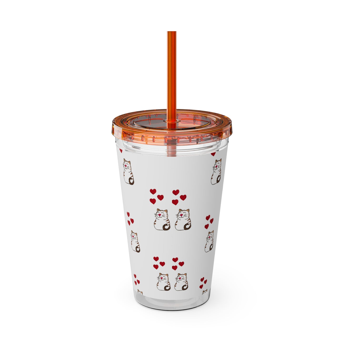Cat and Hearts Tumbler with Straw, 16oz