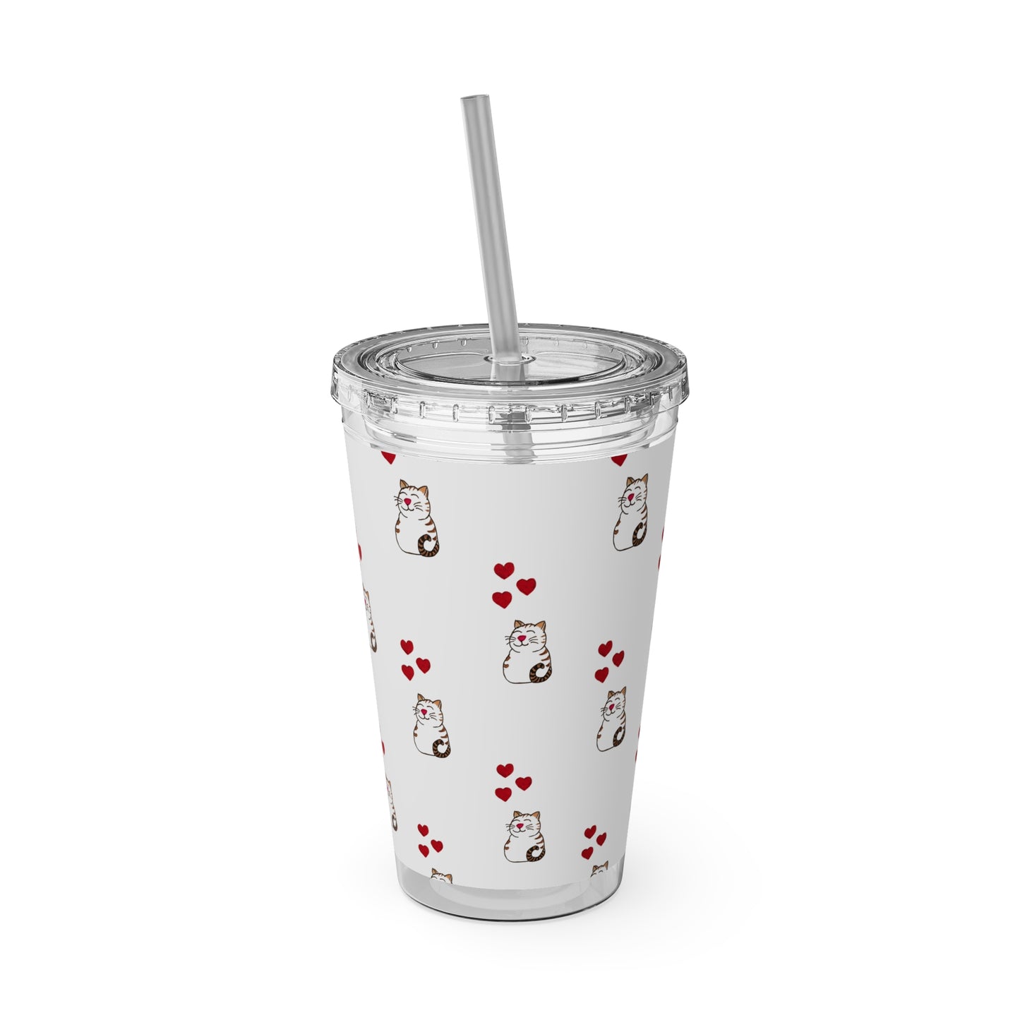 Cat and Hearts Tumbler with Straw, 16oz