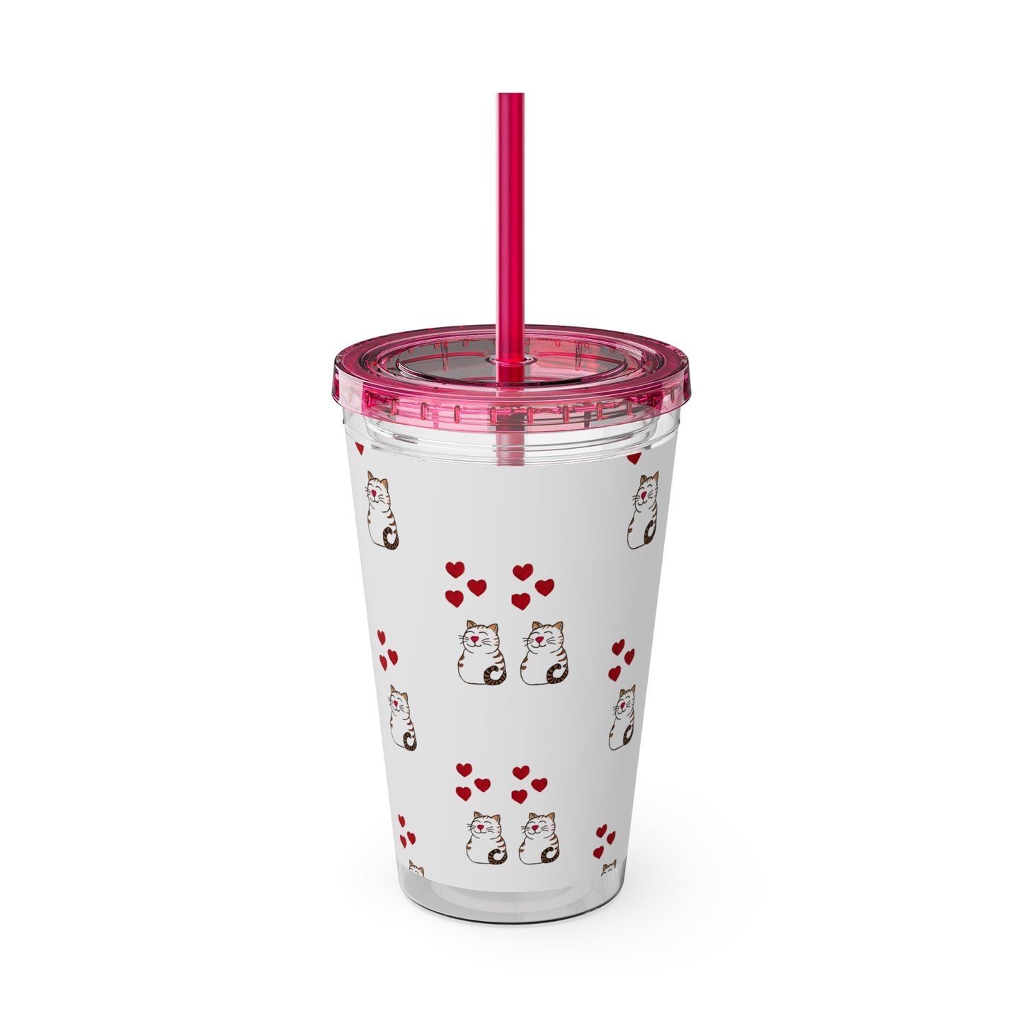 Cat and Hearts Tumbler with Straw, 16oz