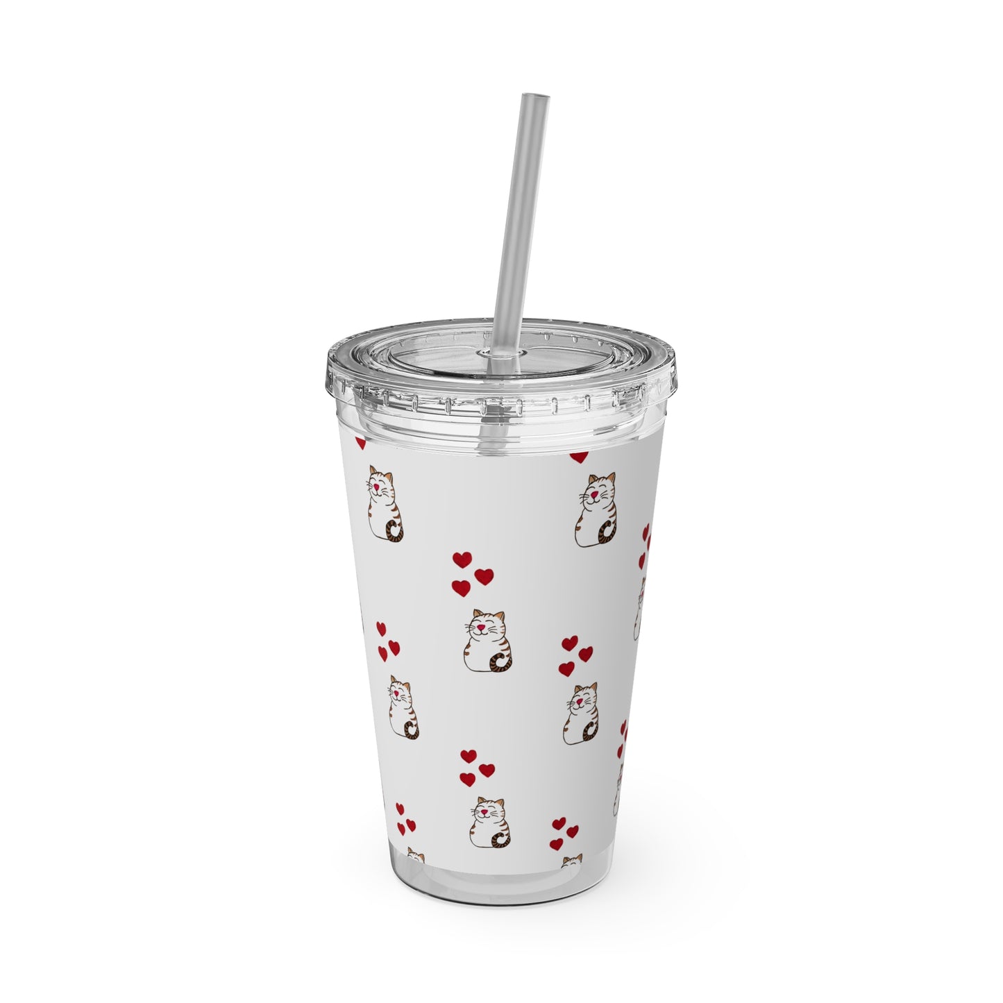 Cat and Hearts Tumbler with Straw, 16oz