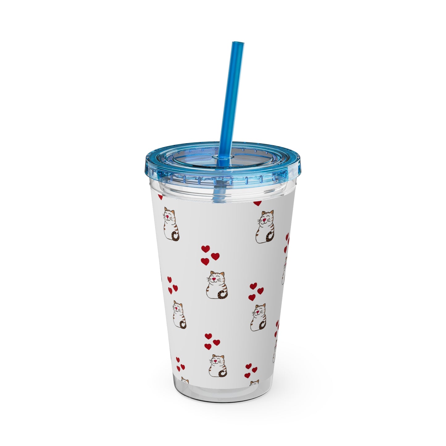 Cat and Hearts Tumbler with Straw, 16oz