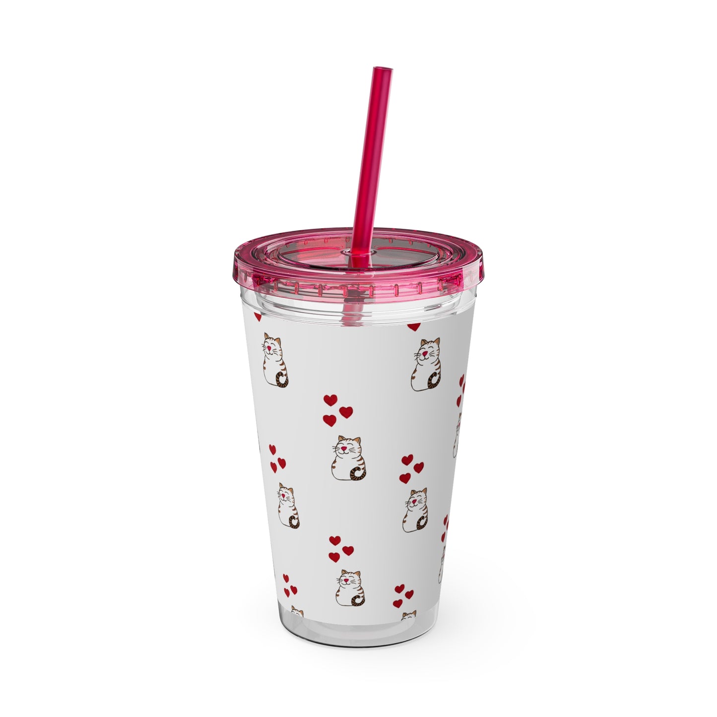 Cat and Hearts Tumbler with Straw, 16oz