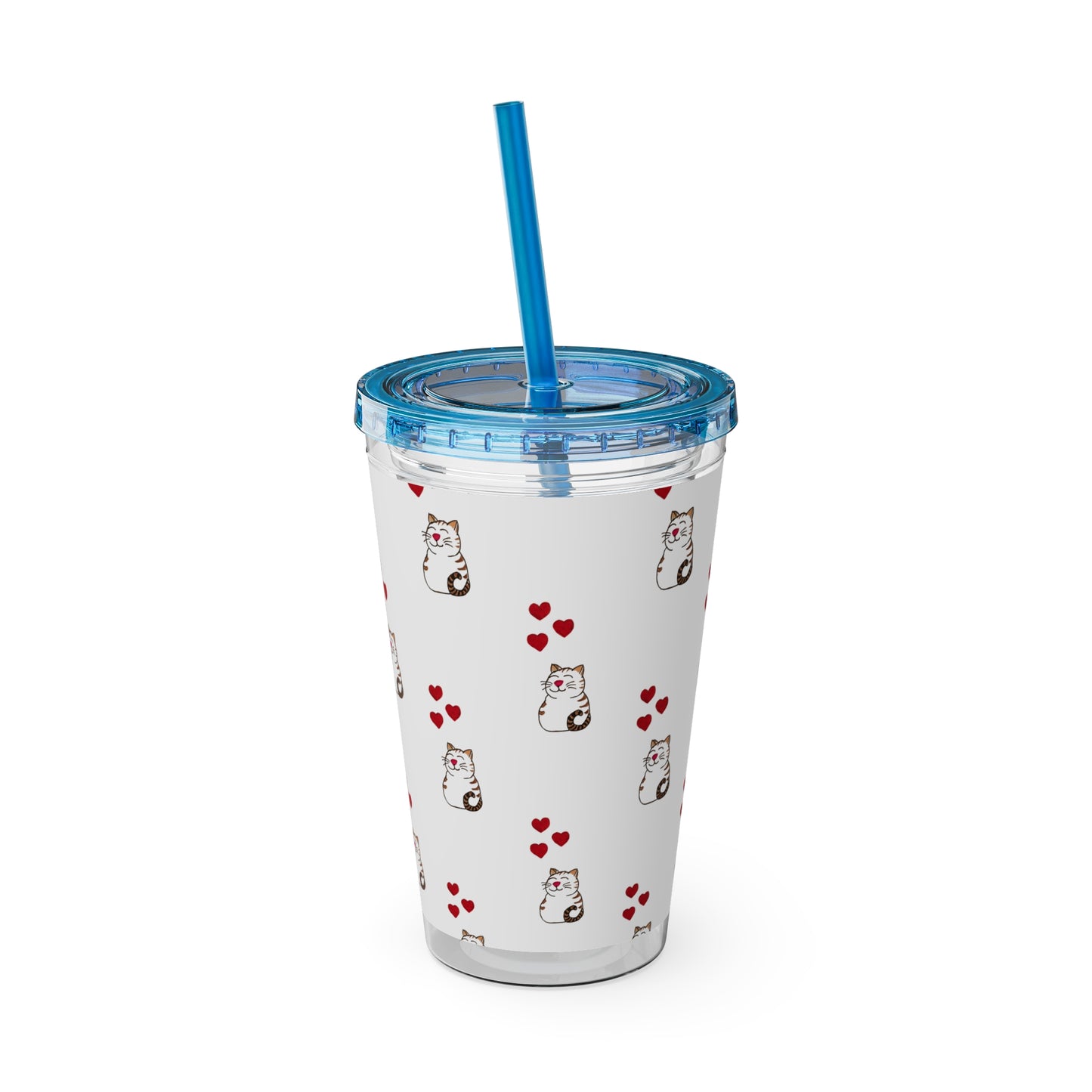 Cat and Hearts Tumbler with Straw, 16oz