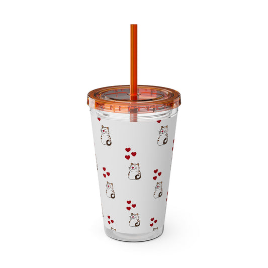 Cat and Hearts Tumbler with Straw, 16oz