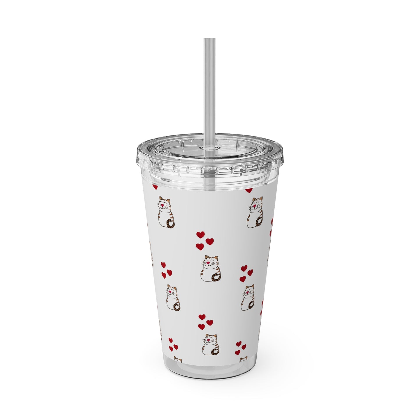 Cat and Hearts Tumbler with Straw, 16oz