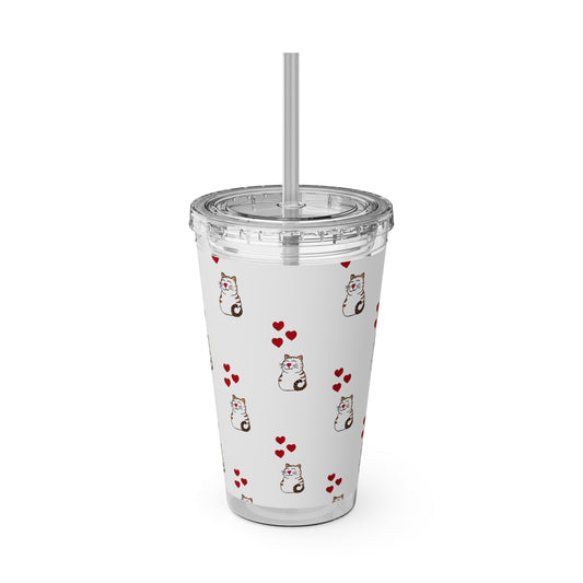Cat and Hearts Tumbler with Straw, 16oz