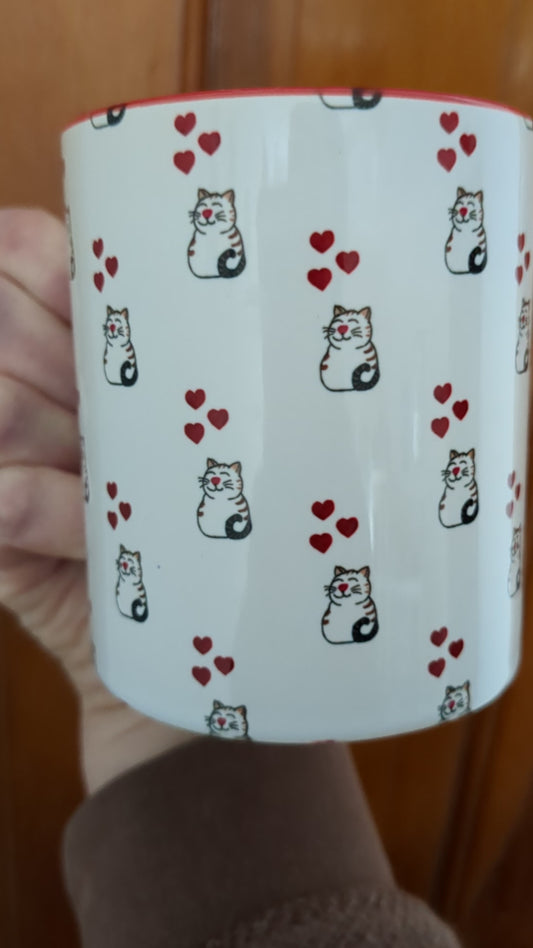 Tabby Cat and Hearts Ceramic Mug (11 oz) for Cat Lovers